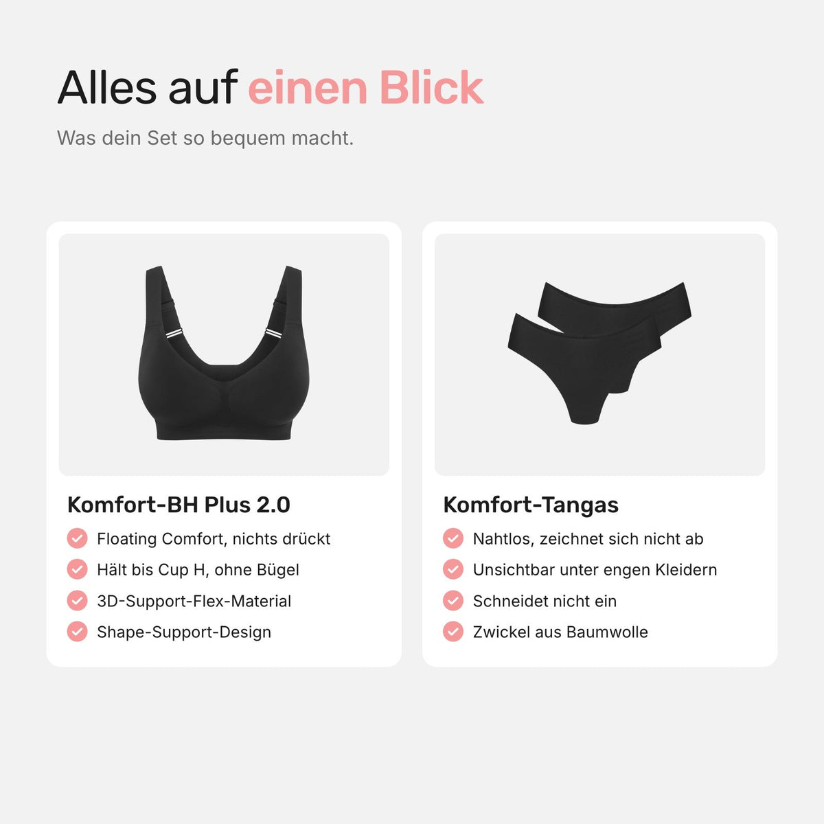 Alles auf einen Blick: Komfort-BH Plus 2.0 und Komfort-Tangas Schwarz #farbe_schwarz