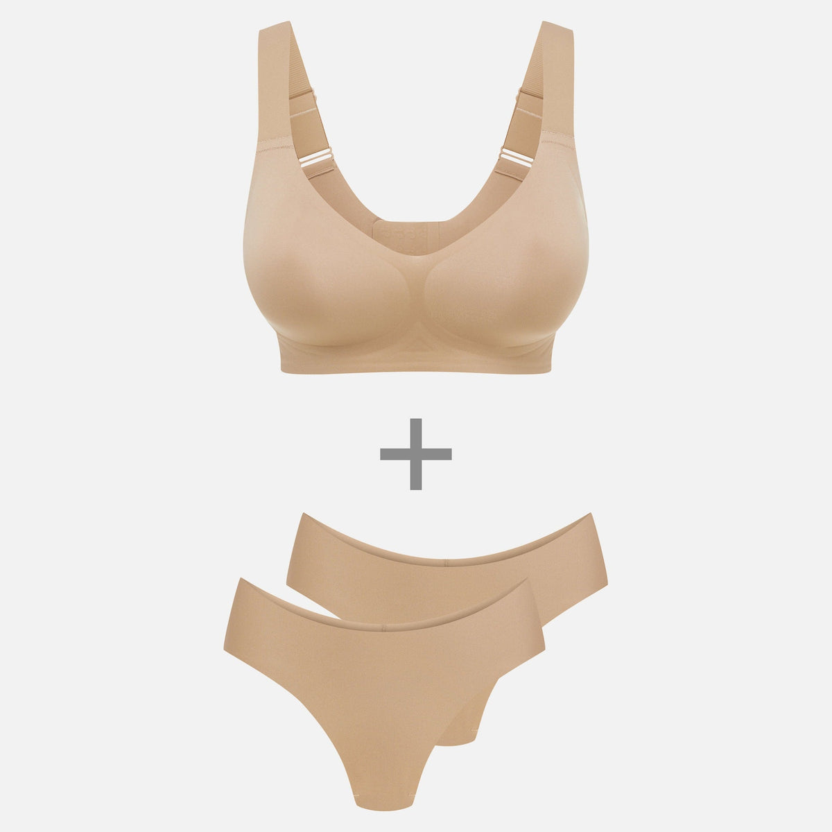 Komfort-Unterwäsche Bundle Plus: Komfort-BH Plus 2.0 und 2 Komfort-Tangas in Beige #farbe_beige